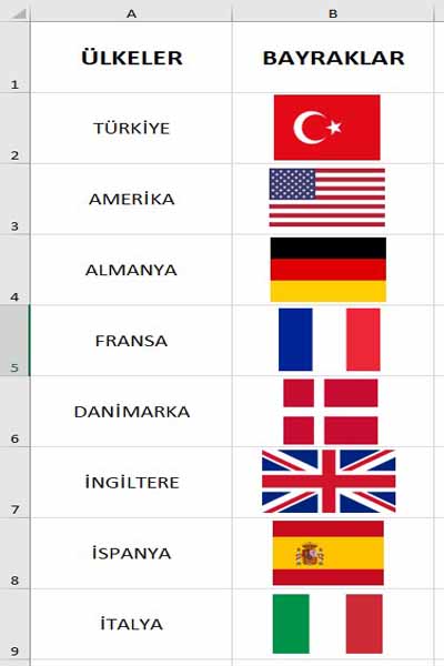 excel açılır liste ile görsel, resim, şekil seçimi