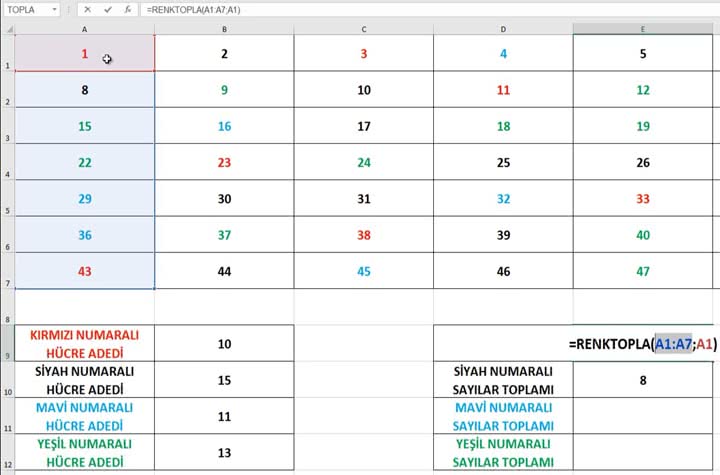 excelde font renklerine göre sayı adetlerini bulma toplama