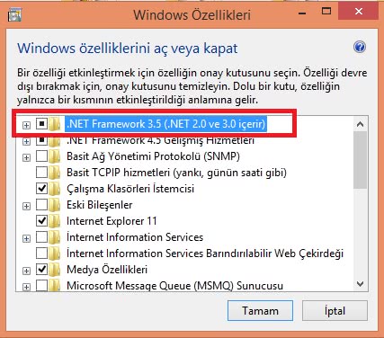 windows özelliklerini aç veya kapat net framework
