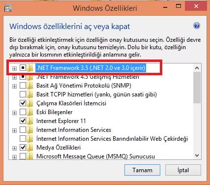 windows özelliklerini aç veya kapat net framework